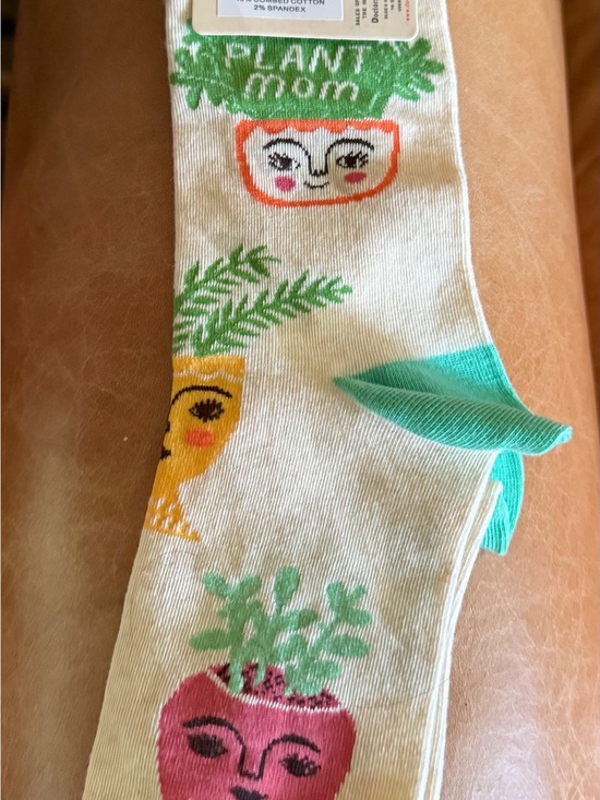 Blue Q Accessories - Blue Q Cream Crew Socks with Pink & Green Plant Design